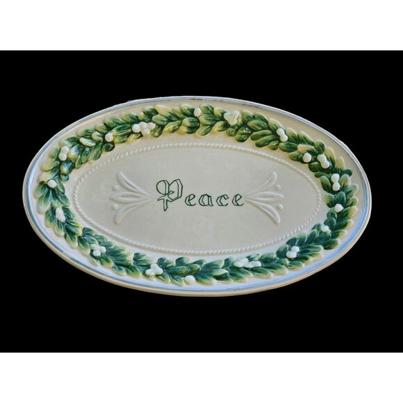 Fitz and Floyd Winter Garden PEACE Oval Platter White w/ Mistletoe 9 1/2" X 6" - Picture 2 of 7
